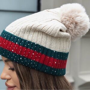 NWT Sparkle Pom Knit Beanie – Green / Red / Nude